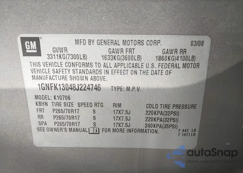 2008 Chevrolet Tahoe Ls z USA, uszkodzony, nr VIN 1GNFK13048J224746